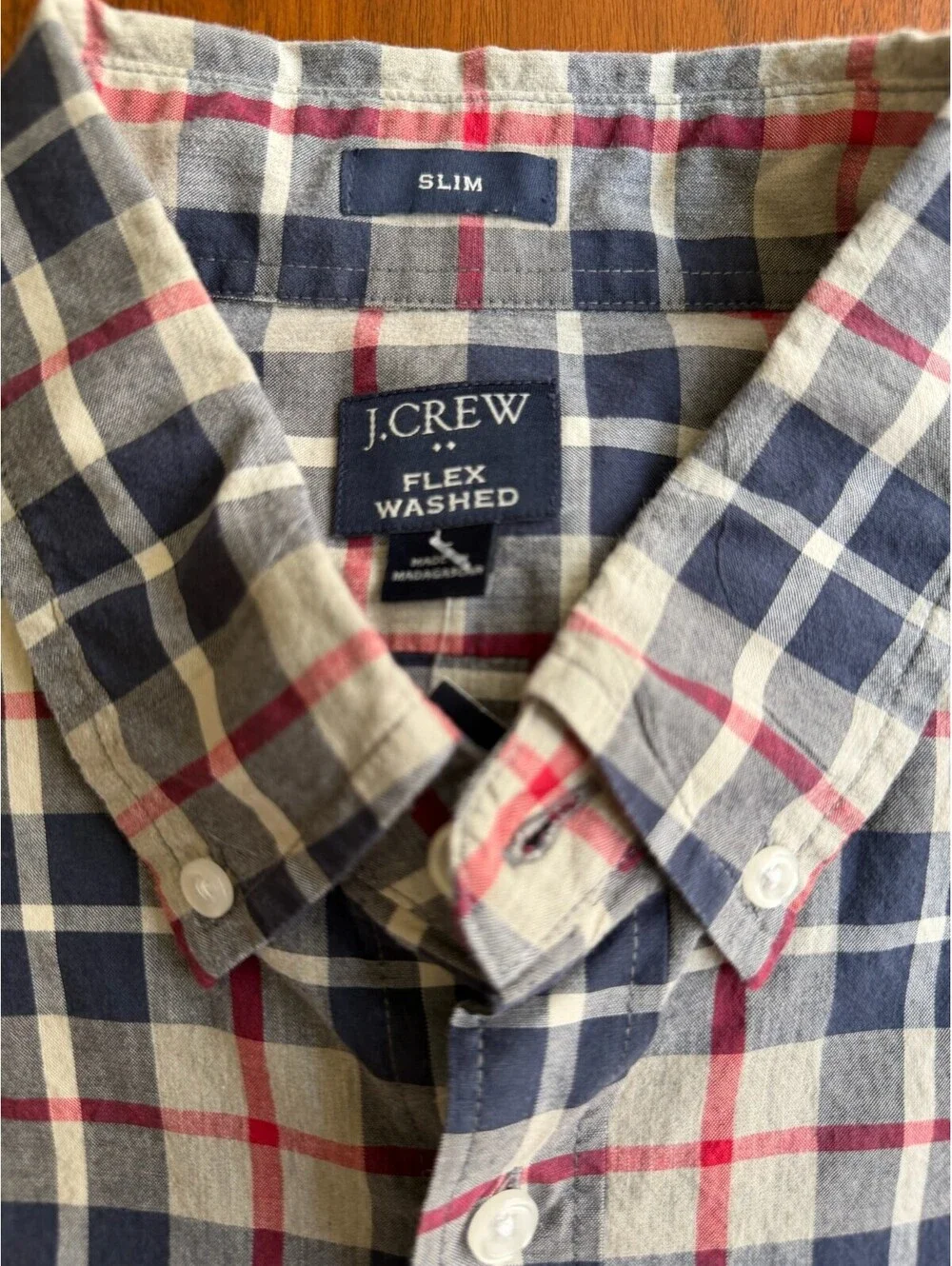 J.Crew Flex Washed Slim Fit Long Sleeve Tan/Navy/Red Plaid Shirt - Size L